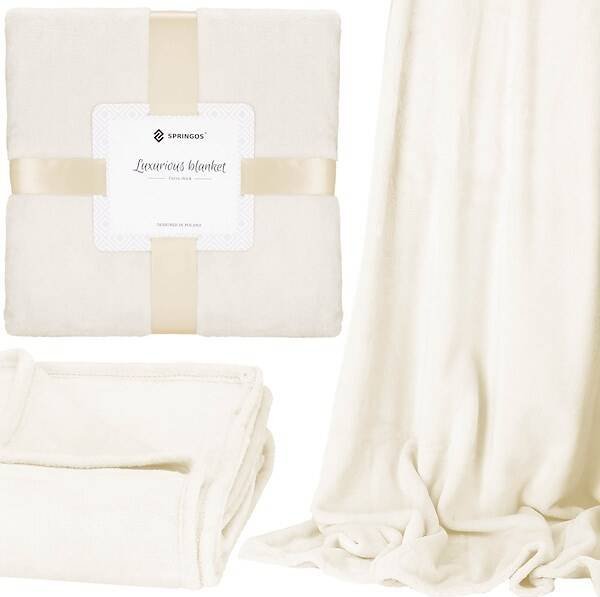 Springos Narzuta na łóżko, pled 90x160 cm koc na kanapę kremowy UNIWERSALNY