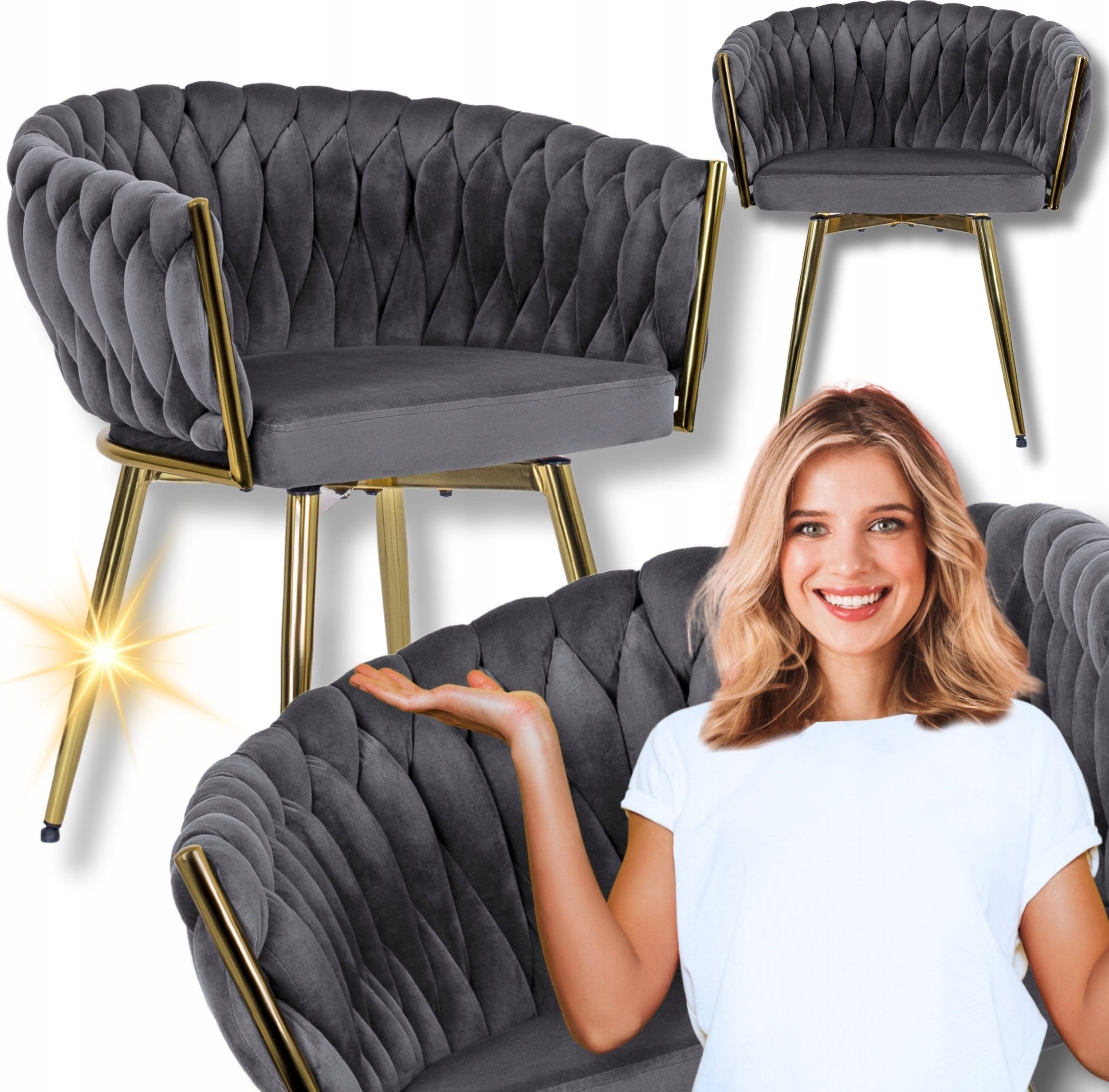 Krzesło Tapicerowane Welur Obrotowe RUBI Szare Do Salonu Jadalni Toaletki