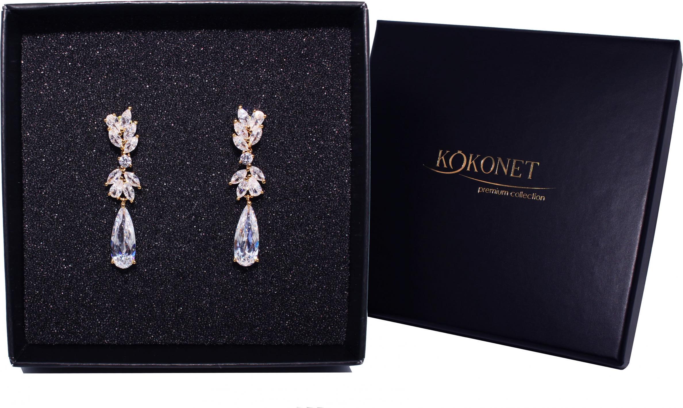 KOKONET KOLCZYKI LISTKI ŚLUBNE boho złote SWAROVSKI wiszą