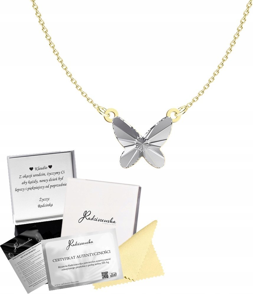 Radziszewska Jewellery Złoty Naszyjnik z Kryształowym Motylem Srebro 925 Prezent ŻYCZENIA GRATIS