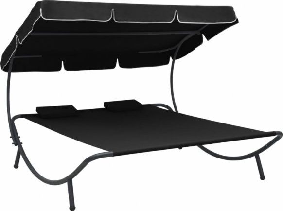 vidaXL Leżak ogrodowy z baldachimem i poduszkami, czarny