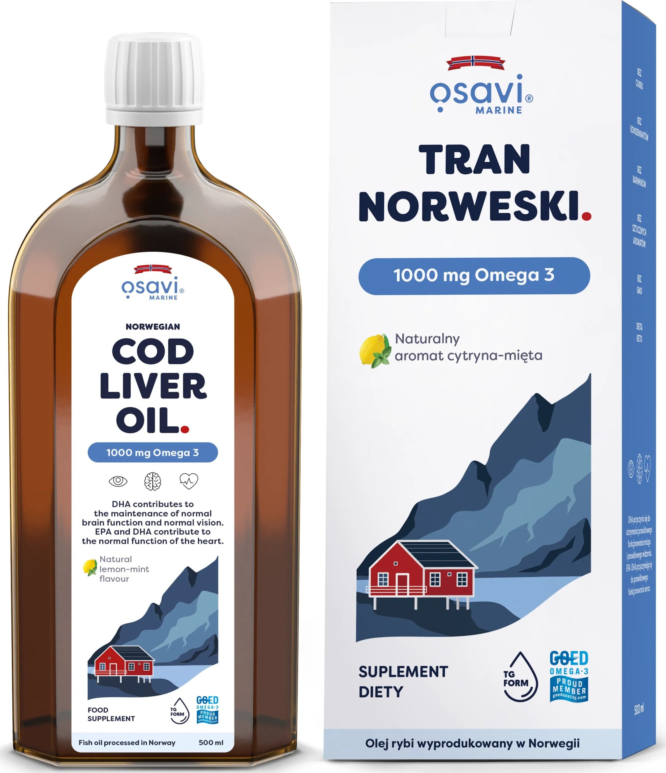 Osavi Osavi - Tran Norweski, 1000mg Omega 3, Cytryna - Mięta, 500 ml