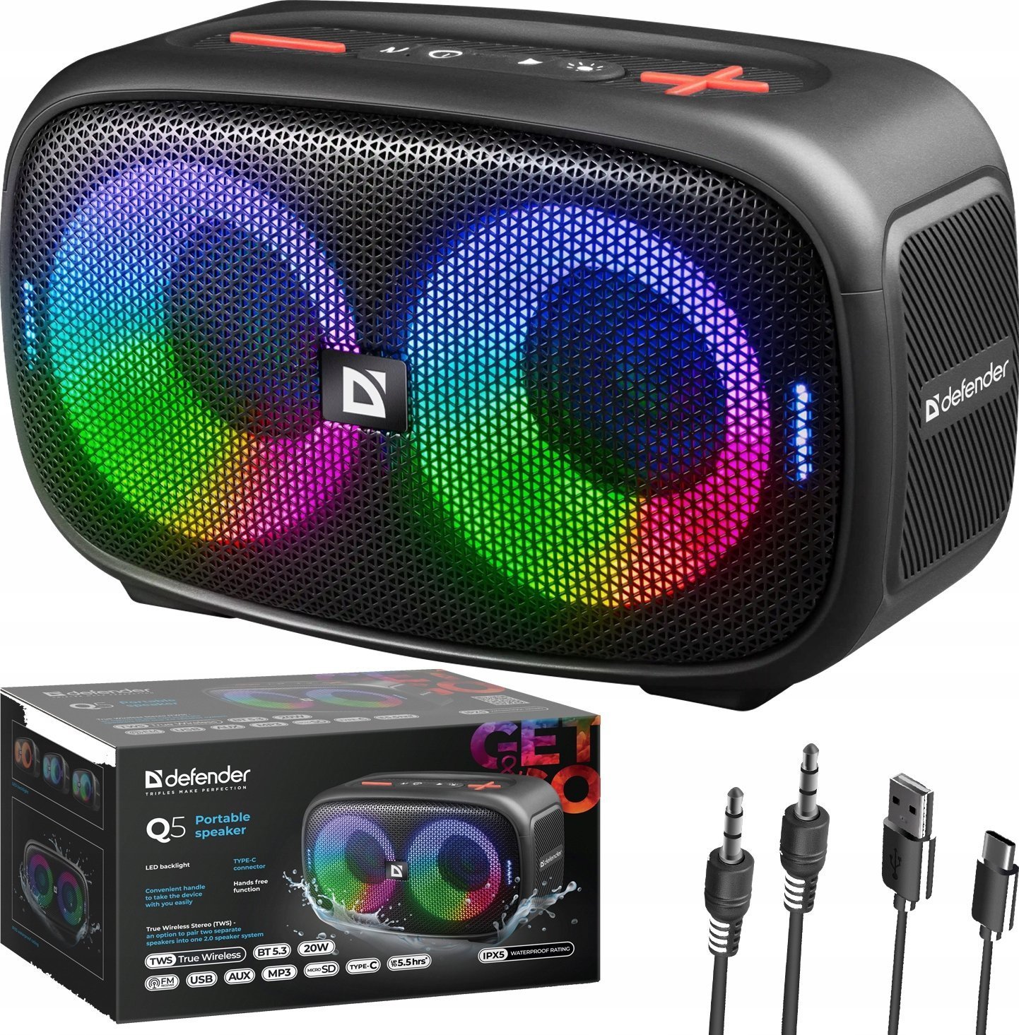 ML GŁOŚNIK DEFENDER Q5 BLUETOOTH 5.3 20W LED/BT/FM/USB/TWS