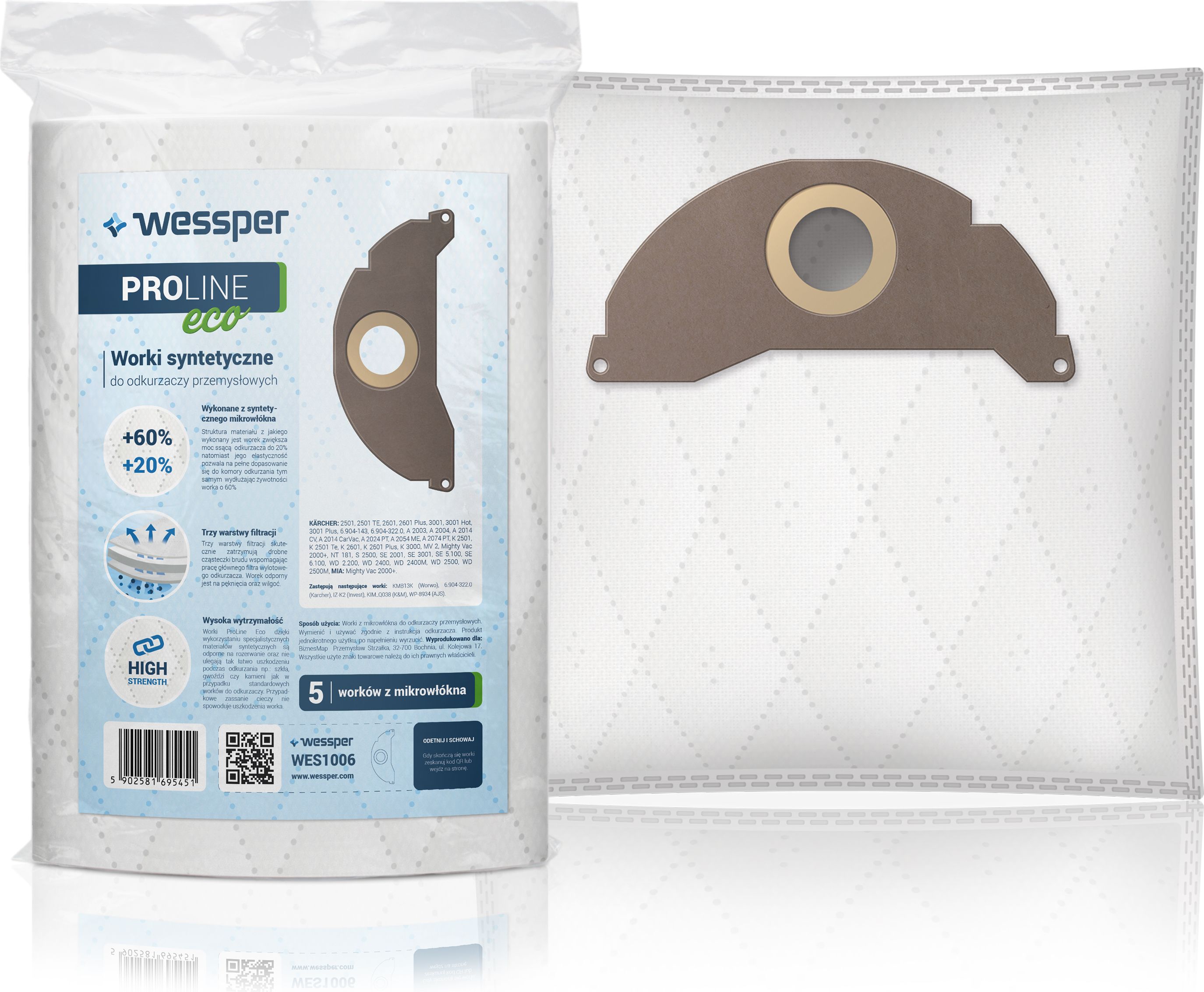 Worek do odkurzacza Wessper do Karcher MV 2, A 2054,A 2004,WD 2.200, 6.904-322.0 K13 - syntetyczne 5 sztuk