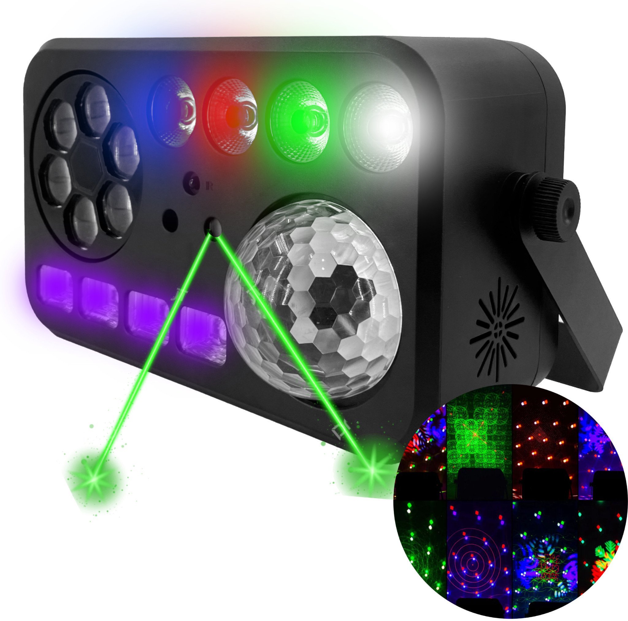 LIGHT4ME PARTY V multiefekt świetlny LED RGBW-UV 6w1 efekt Bee Eye biały stroboskop UV Water Wave par 2x laser R/G