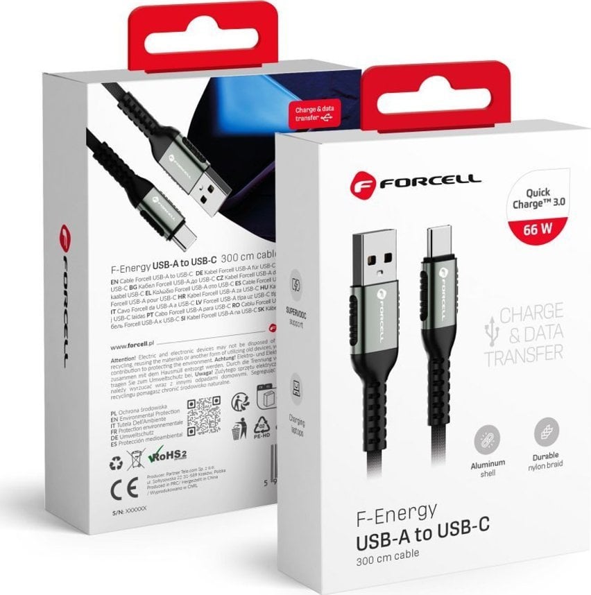 Kabel USB ForCell USB-A - USB-C 3 m Czarny