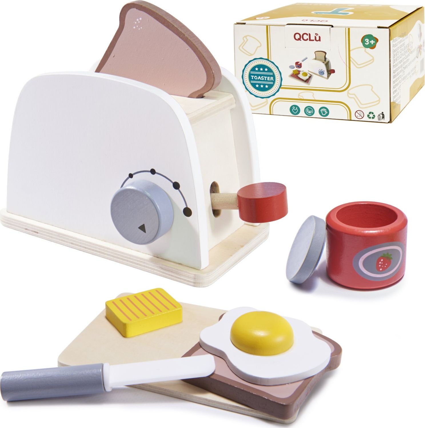 Ikonka Toster drewniany opiekacz + akcesoria biały