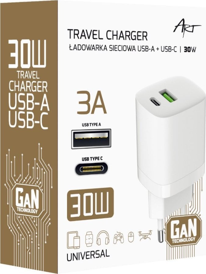 Ładowarka Art ŁADOWARKA SIECIOWA GaN PD/QC 4.0 1x USB-C 1x USB-A 30W ART