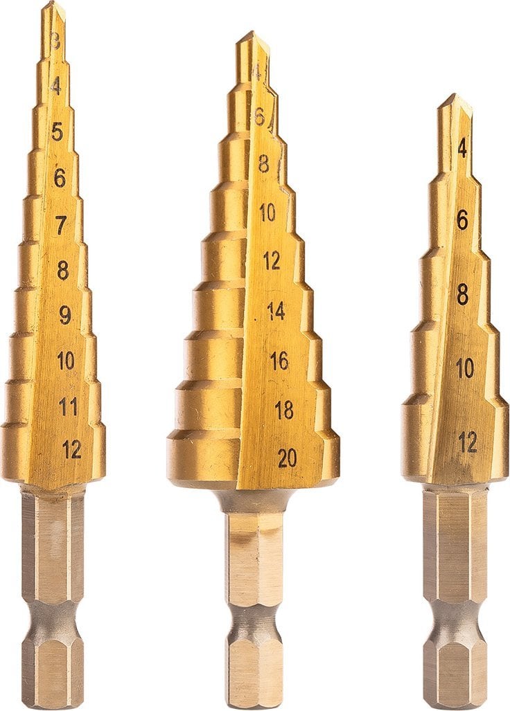 Zestaw wierteł stopniowych HSS TiN, 3-20 mm, Hex, 3 szt.