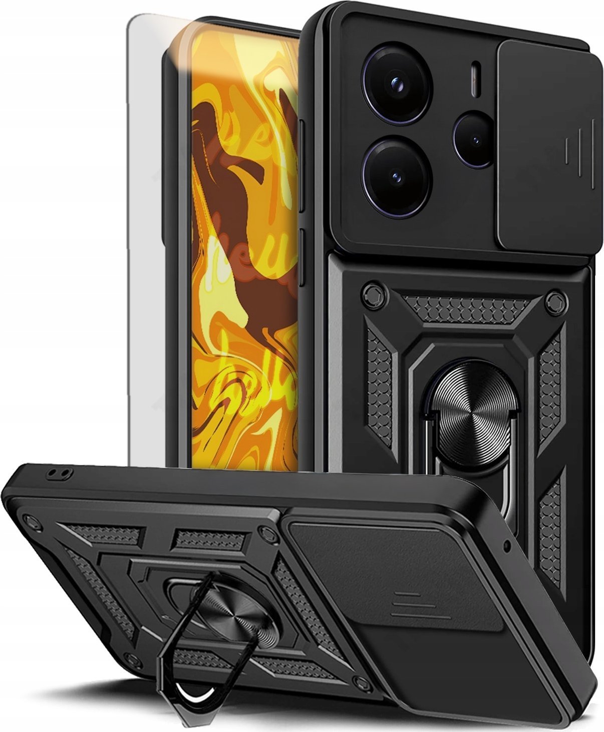 ETUI PANCERNE DO XIAOMI REDMI NOTE 14 5G CZARNE ARMOR RING CASE SZKŁO 9H