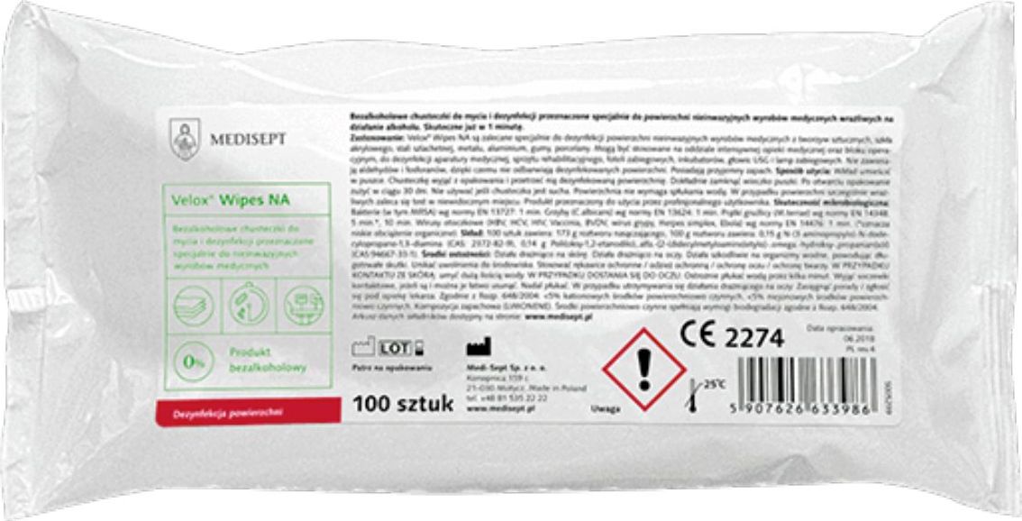 Medisept Velox Wipes NA wkład 100szt Chusteczki do dezynfekcji powierzchni bez alkoholu