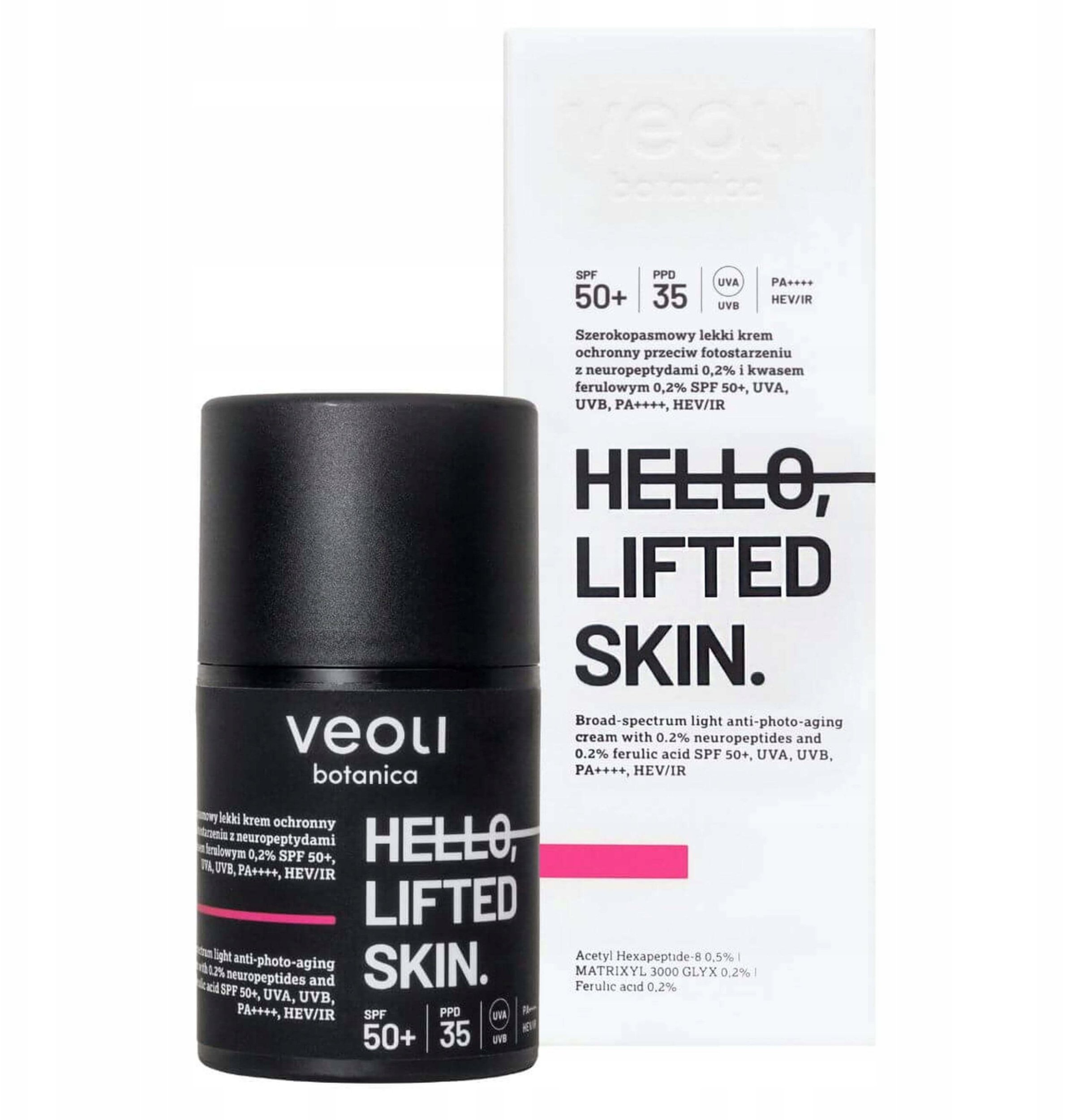 VEOLI BOTANICA_Hello Lifted Skin szerokopasmowy lekki krem ochronny przeciw fotostarzeniu z Neuropeptydami 0,2% i Kwasem Ferulowym 0,2% SPF50+ 50ml