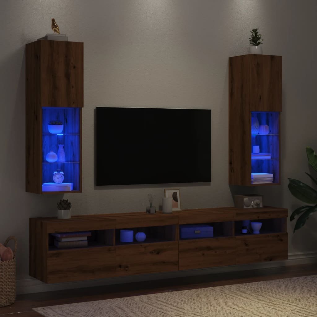 vidaXL Szafki TV, z LED, 2 szt., dąb artisian, 30,5x30x102 cm