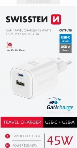 Ładowarka Swissten Usb C Gan 45W 18W Do szybkiego ładowania Kompaktowa Konstrukcja Biały