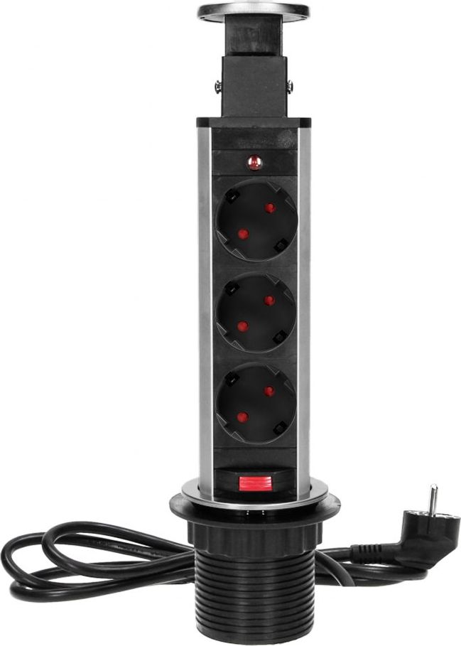 Orno Gniazdo meblowe ?6cm wysuwane z blatu z blokadą i przewodem 1,8m, 3x2P+Z (Schuko), INOX