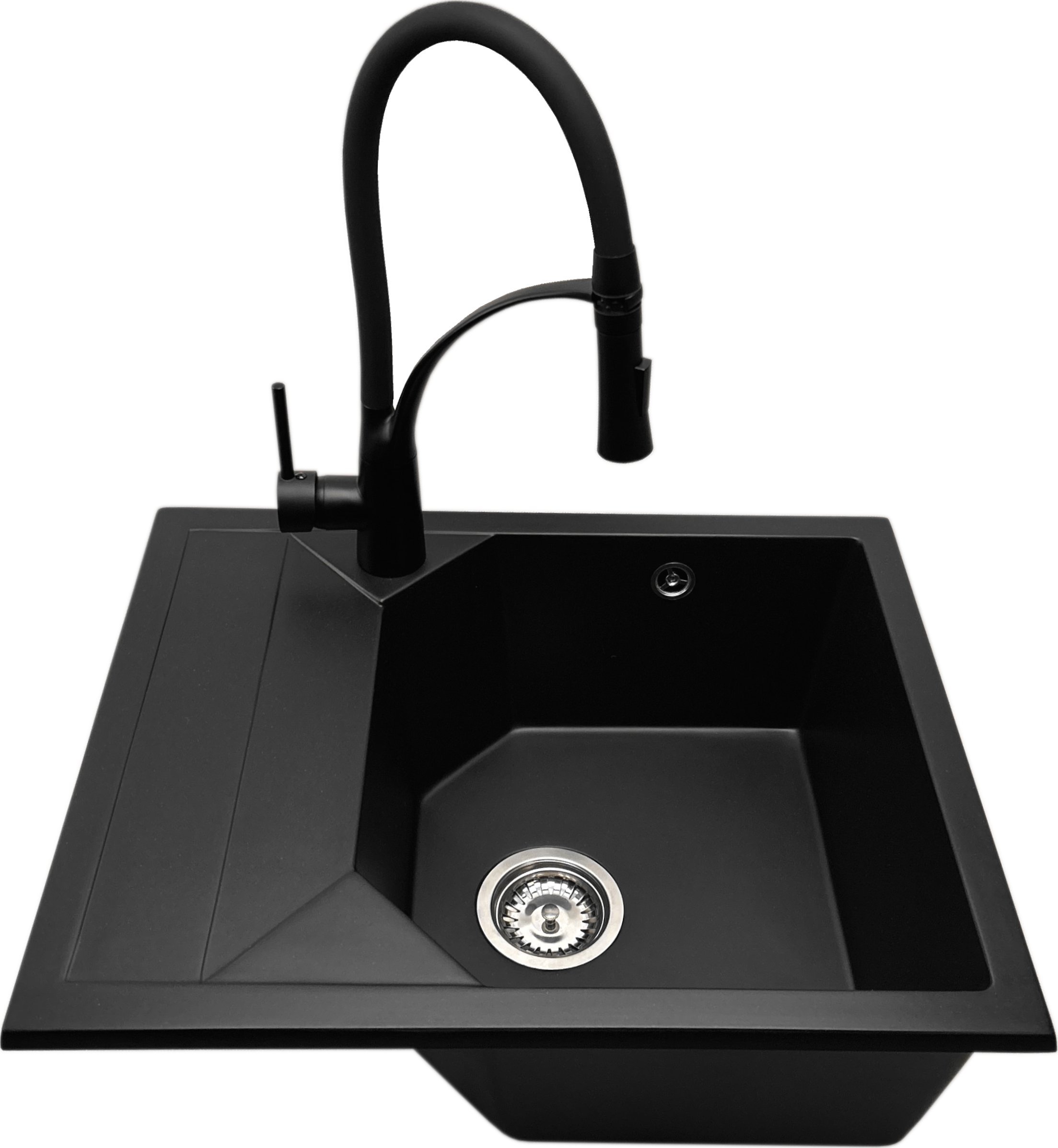 Zlewozmywak PREHNIT Zlewozmywak jednokomorowy z ociekaczem POLLO czarny z lewym ociekaczem + bateria nexo