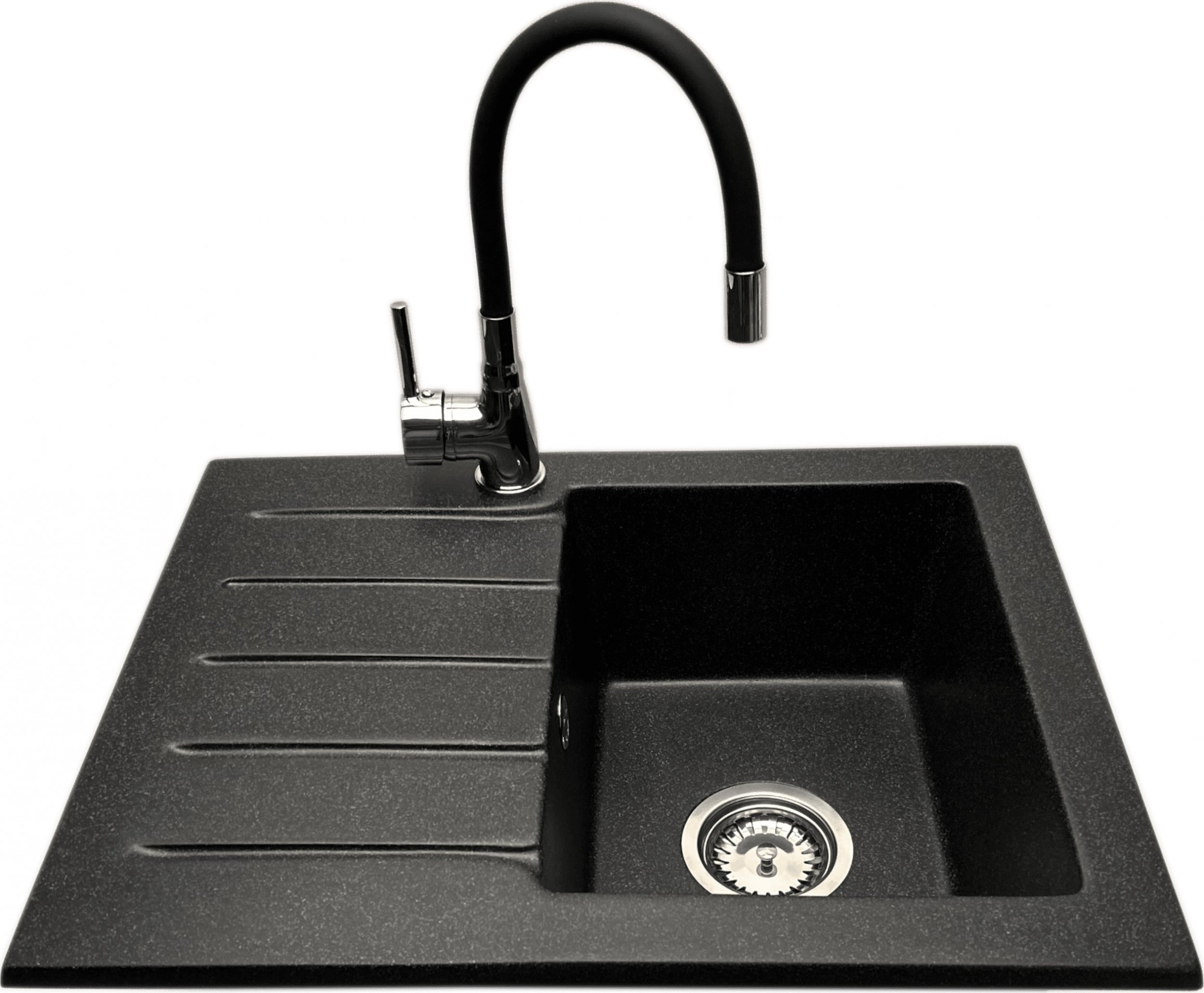 Zlewozmywak PREHNIT Zlewozmywak jednokomorowy z ociekaczem ARAGON grafit z lewym ociekaczem + bateria flex LAVO