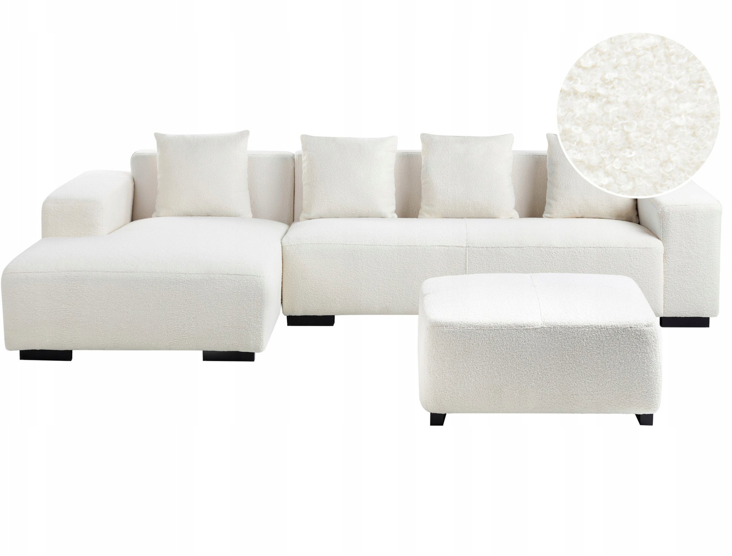 Narożnik dla 4 osób LUNGO Boucle Biały z otomaną Prawostronny