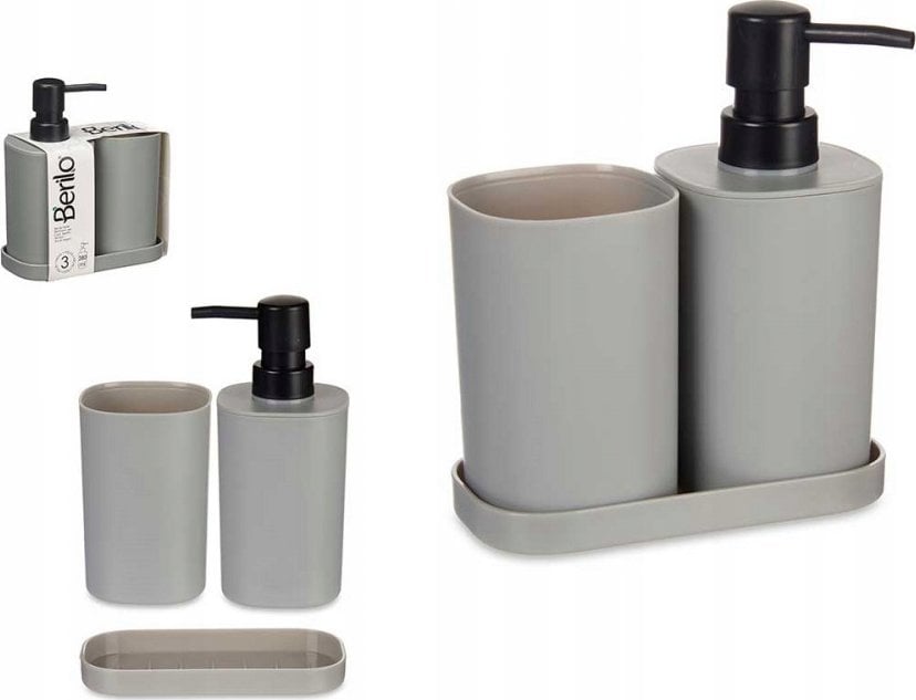 Berilo Dozownik do mydła w płynie z kubkiem na szczoteczki i podstawką, plastikowy, 3 elementy