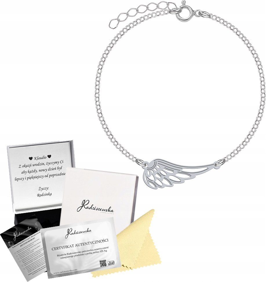 Radziszewska Jewellery Bransoletka Srebrna ze SKRZYDŁEM ANIOŁA Łańcuszek Prezent 925 DEDYKACJA