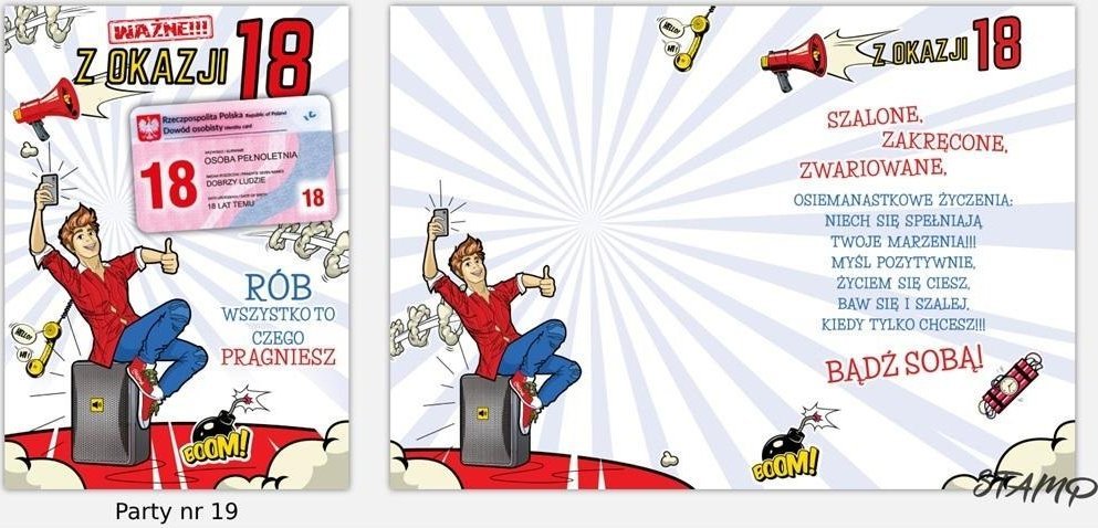 Karnet Party naklejany B6+koperta Urodziny 18 wz19