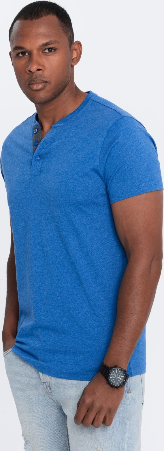 Ombre Męski t-shirt z okrągłym rozpinanym dekoltem henley niebieski V2 OM-TSCT-0155 M