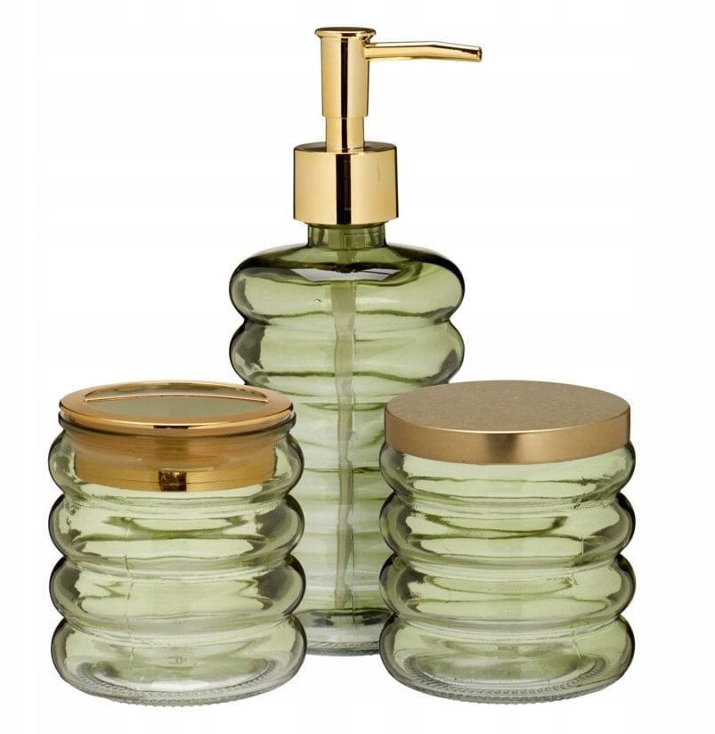 Zestaw łazienkowy HUM, szklany dozownik, kubek, pojemnik, 3 elementy