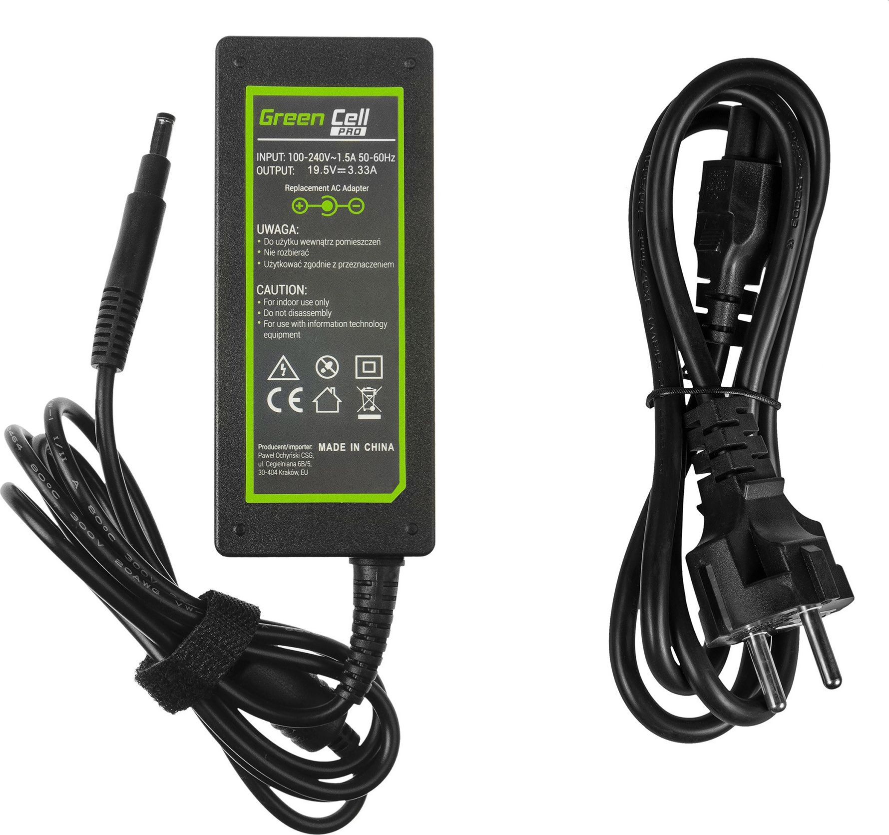 Zasilacz do laptopa Green Cell 65 W, 1.7 mm, 3.3 A, 19.5 V (AD42P)