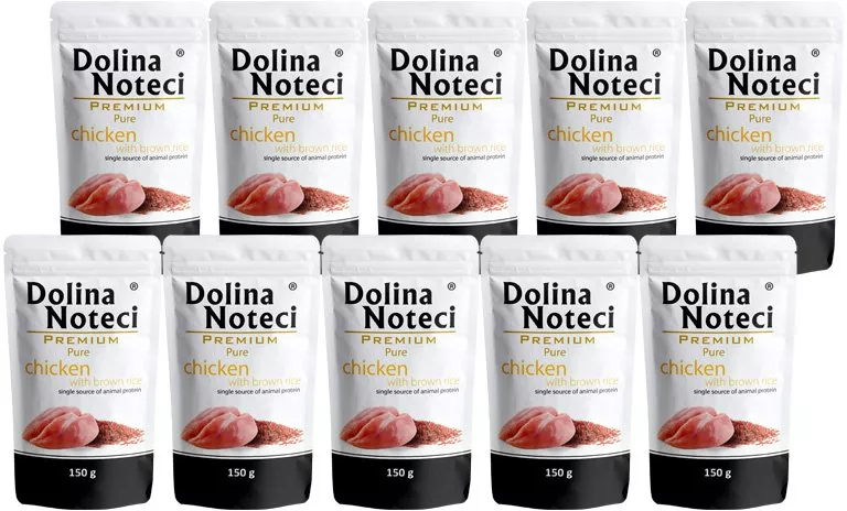 Mokra karma dla psa alergika Dolina Noteci Premium Pure bogata w kurczaka z ryżem zestaw 10 x 150 g
