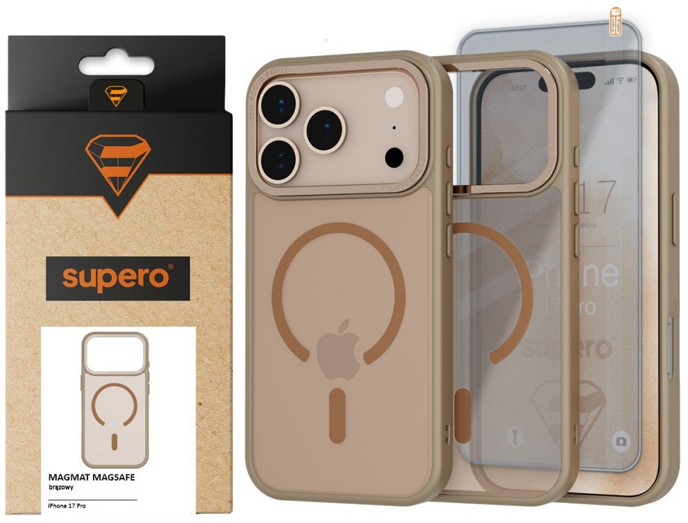 Etui matowe Supero Magmat MagSafe do iPhone 17 Pro, beżowe + szkło
