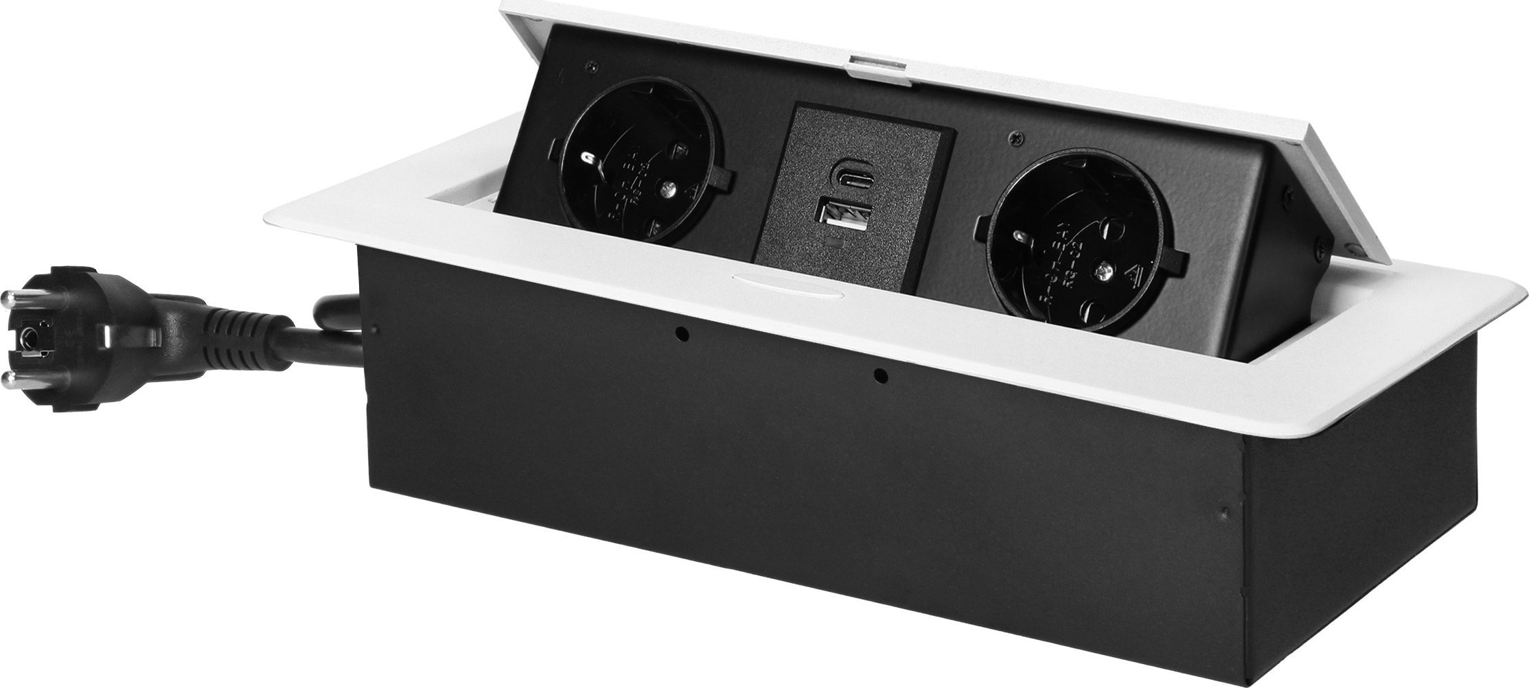 Orno Gniazdo meblowe wpuszczane w blat z płaskim frezowanym rantem, ładowarką USB i przewodem 1,5m, 2x2P+Z (Schuko), 2xUSB (typ A+C; 3,6A), białe