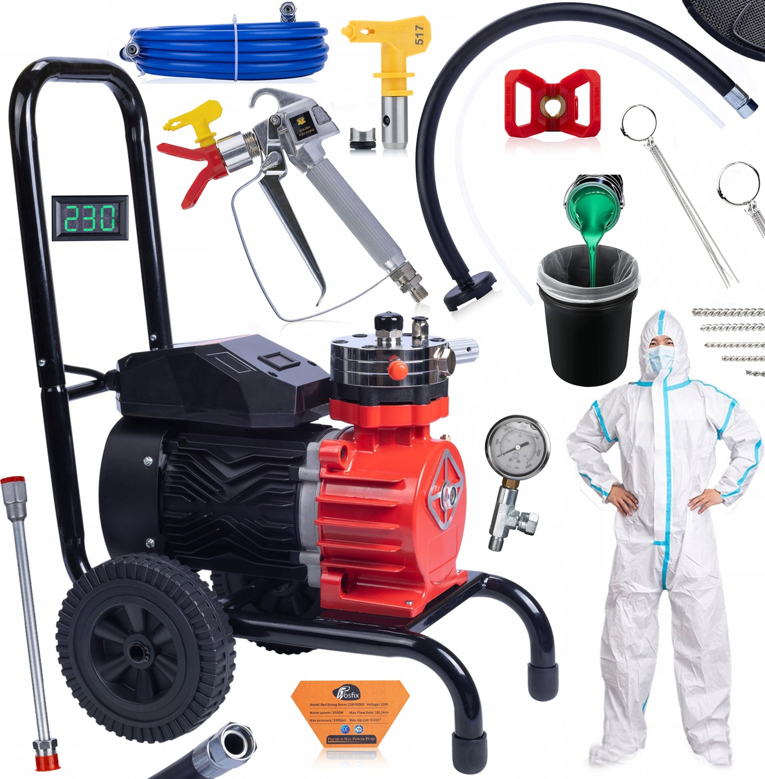 Rosfix Agregat malarski Rosfix Red Strong Storm 1100 RSS05 3500W 22MPA 18L/min + Kombinezon + Wyciory + Worek sito do farb