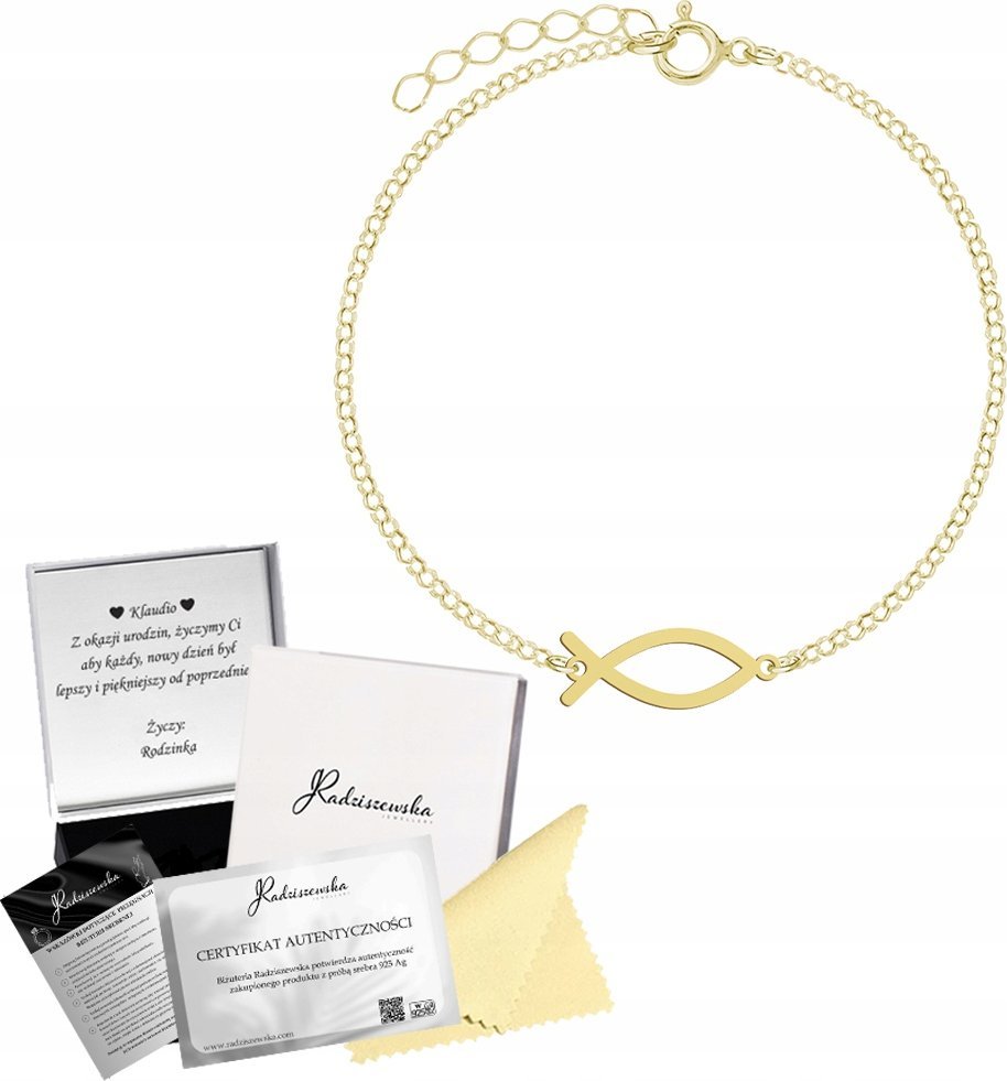 Radziszewska Jewellery Bransoletka Złota RYBA ICHTYS Łańcuszek SREBRO 925 Prezent GRAWER GRATIS