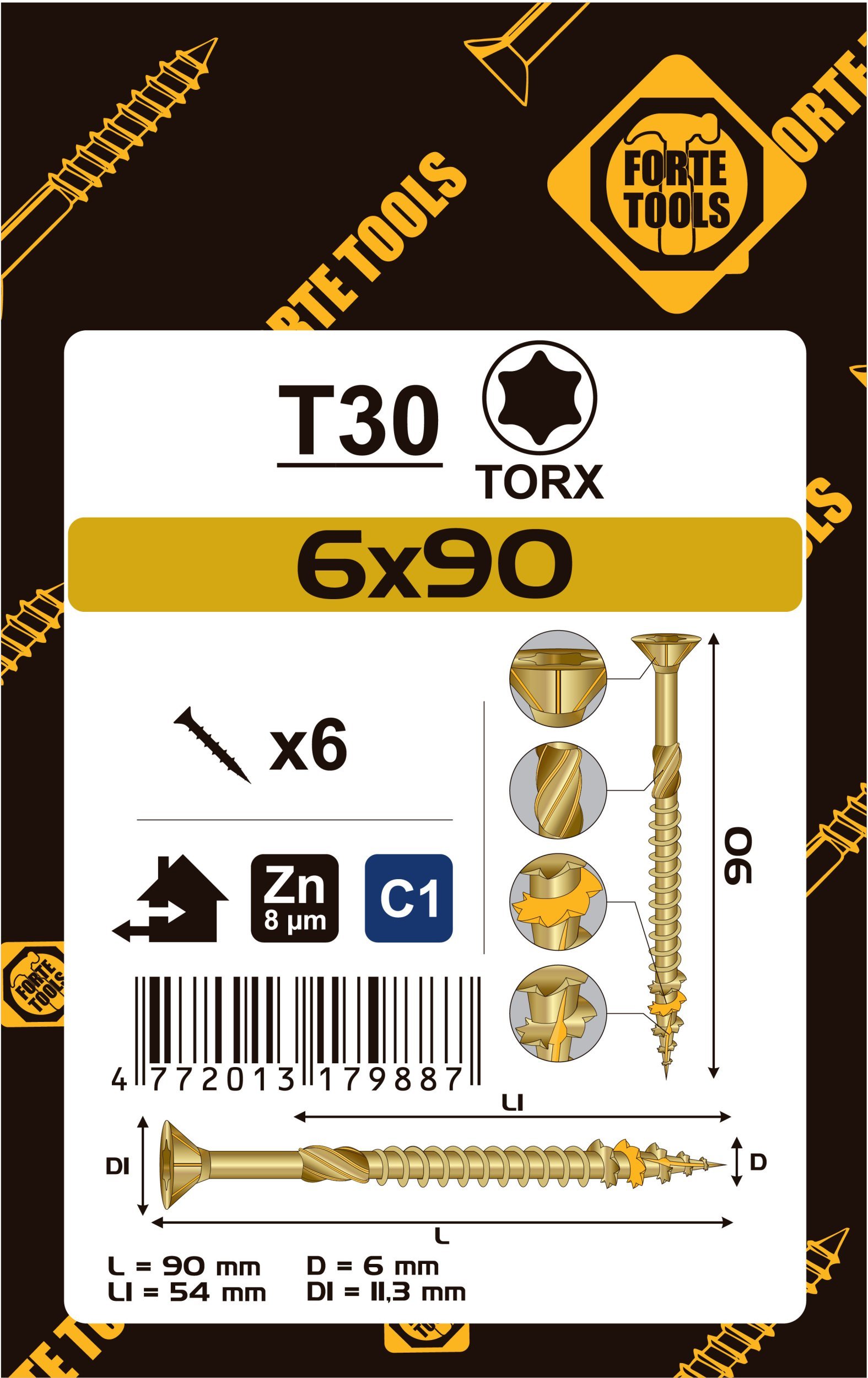 CHIPBOARD SCR T30 6.0X90/54 YELL ZN6PCS