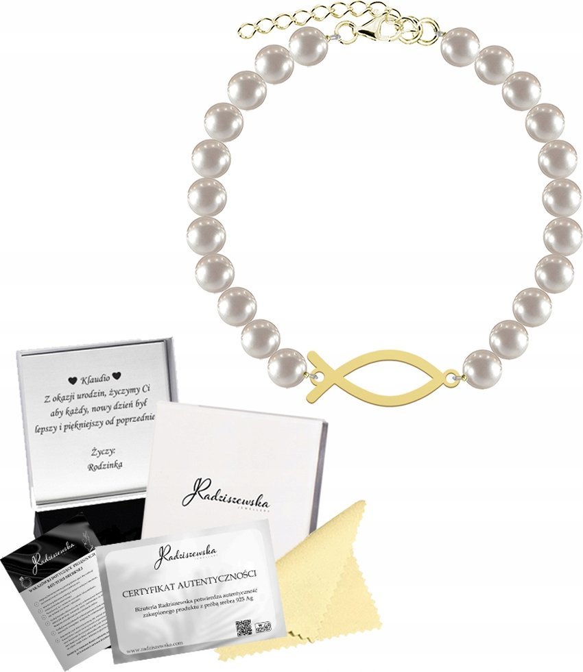 Radziszewska Jewellery Bransoletka Złota Ryba Ichtys Perły SREBRO 925 Prezent ŻYCZENIA GRATIS