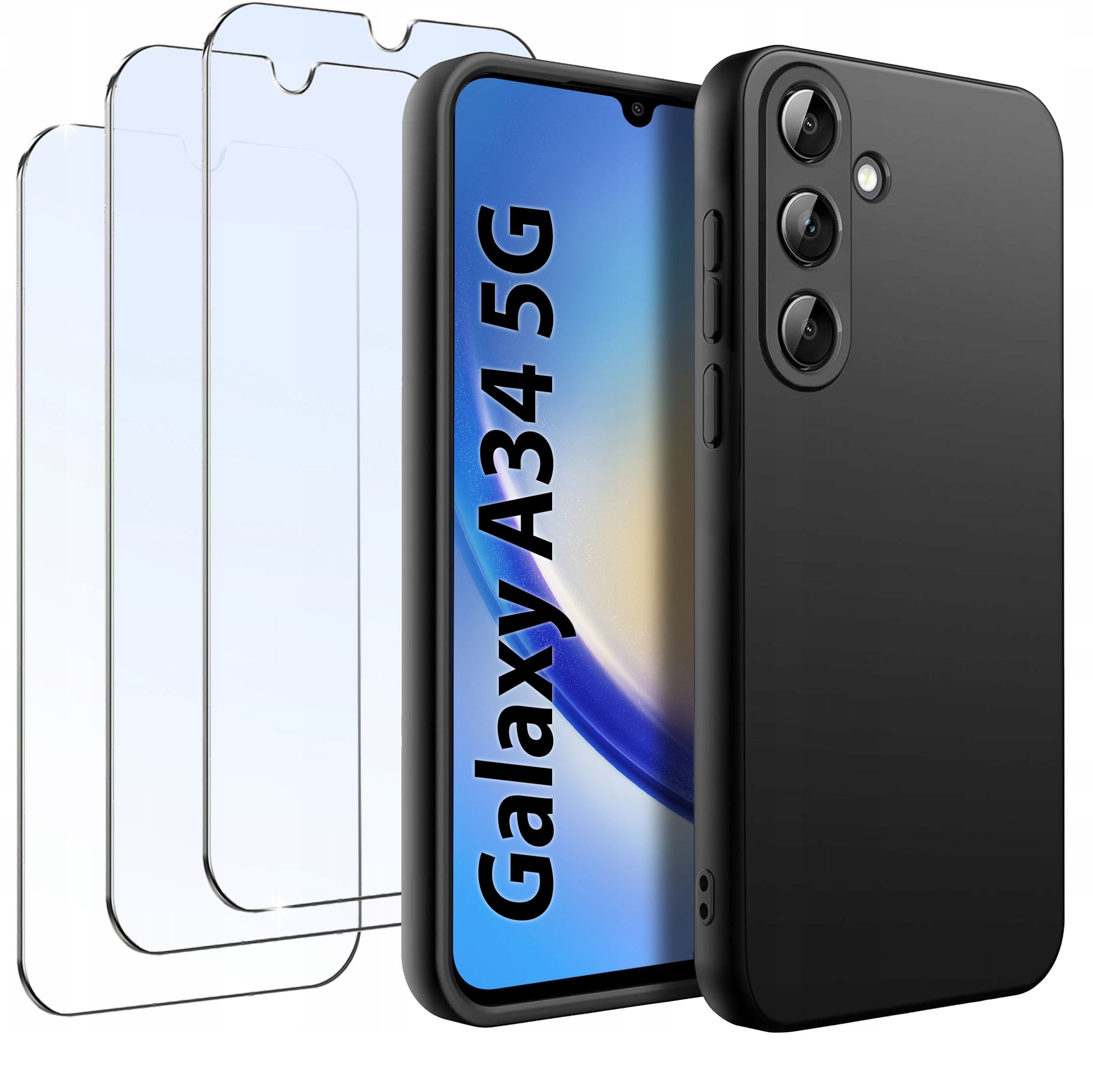 ZESTAW Etui do Samsung A34 5G Matowe Czarne Silikon Slim + 3 SZTUKI SZKŁO