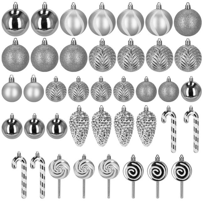 Bombki choinkowe 40 szt. ozdoby kule, lizaki, szyszki, laski cukrowe nietłukące srebrne UNIWERSALNY