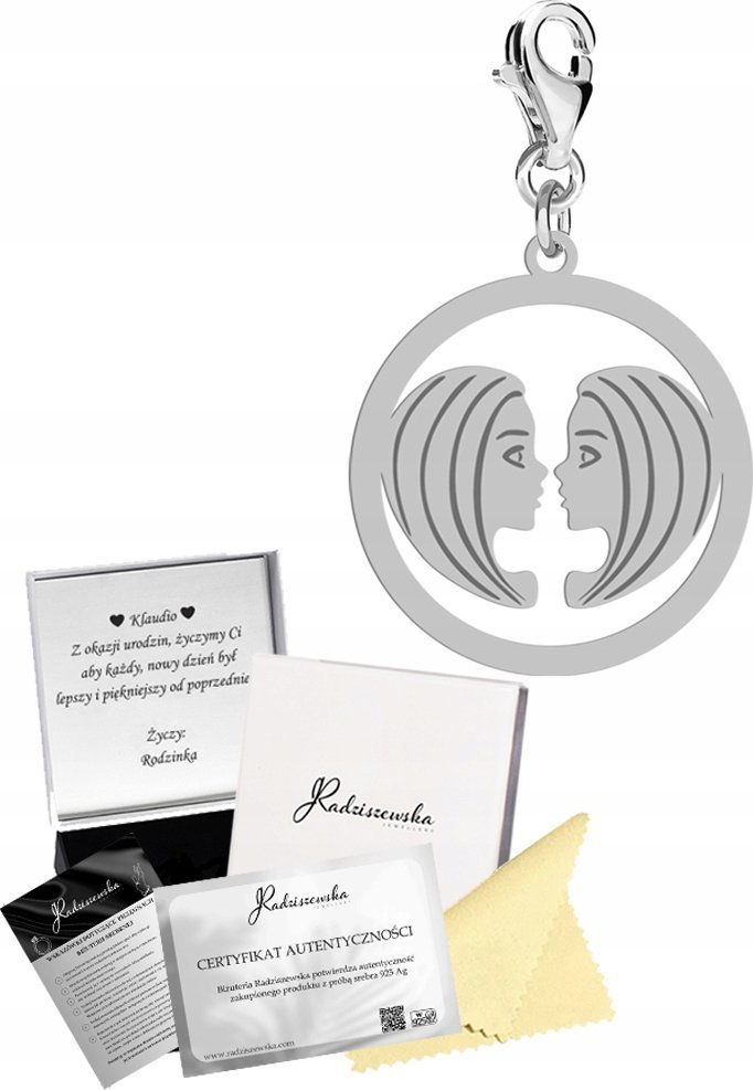 Radziszewska Jewellery Charms Srebrny Znak Zodiaku Bliźnięta 925 Prezent Kobieta DEDYKACJA GRATIS