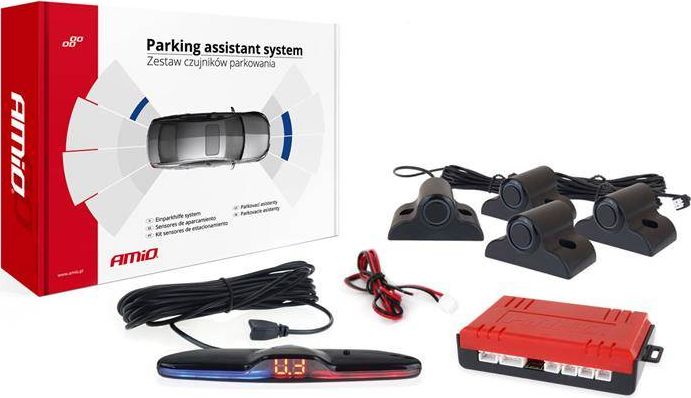 AMiO Zestaw czujników parkowania cofania MAX LED 4 sensory czarne 19mm TRUCK