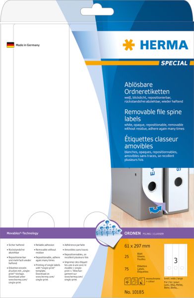 Herma Etykiety Special na segregatory, A4, odklejalne, białe, papier matowy nieprzejrzysty, 75 szt., zaokrąglone narożniki (10185)