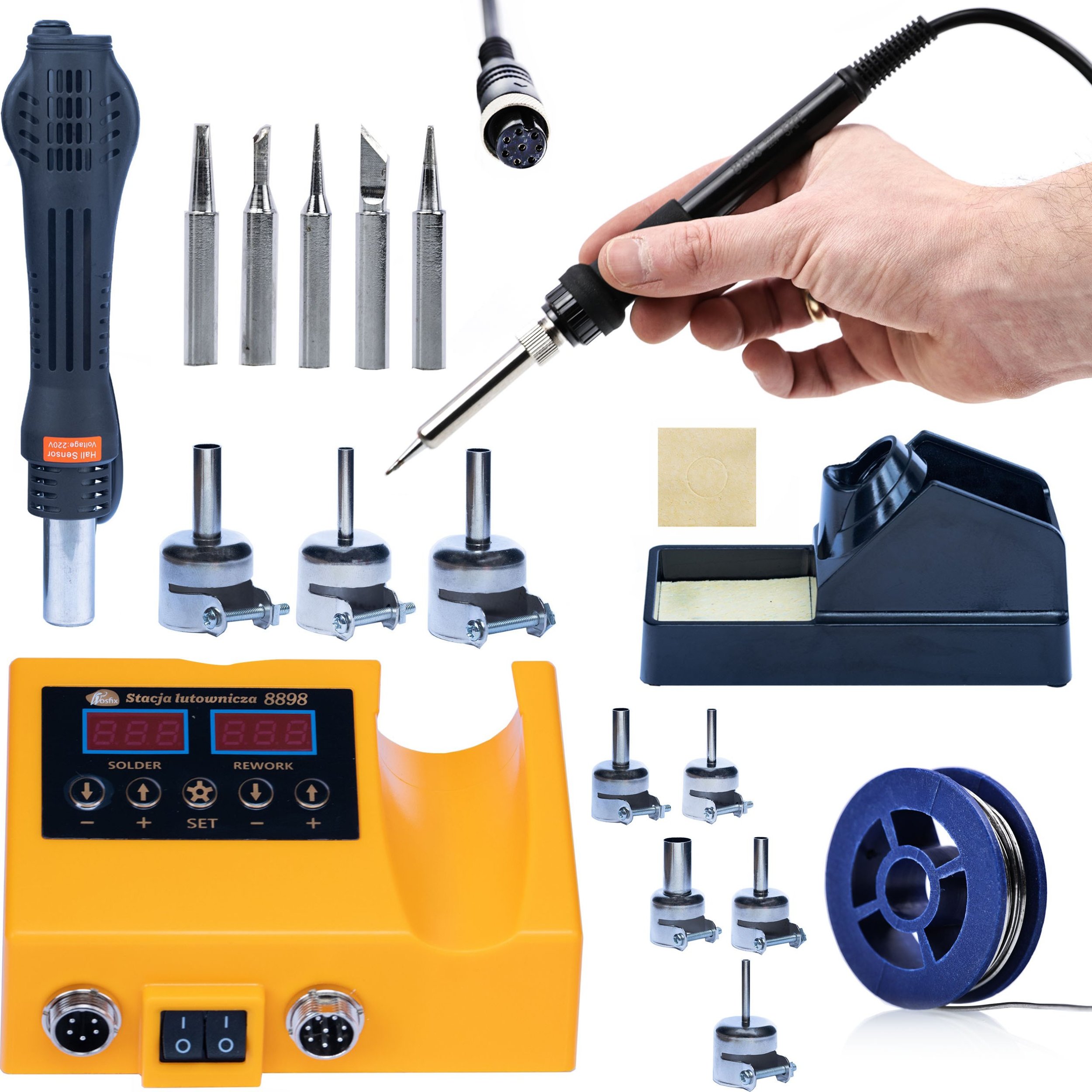 Rosfix STACJA LUTOWNICZA 2W1 LUTOWNICA HOT-AIR MOCNA+ GROTY CYNA LUTOWNICZA 5 DYSZ