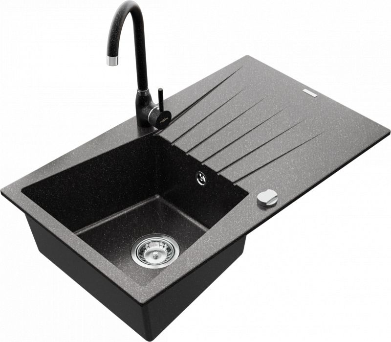 Zlewozmywak Mexen Cesar granitowy 1-komorowy z ociekaczem i baterią kuchenną Telma, czarny nakrapiany - 6514-76-670200-76