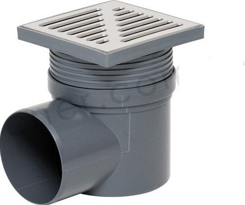 Syfon Tycner Wpust łazienkowy regulowany z wyj. bocznym 110 mm, ruszt nierdzewny 150x150mm [1/20]