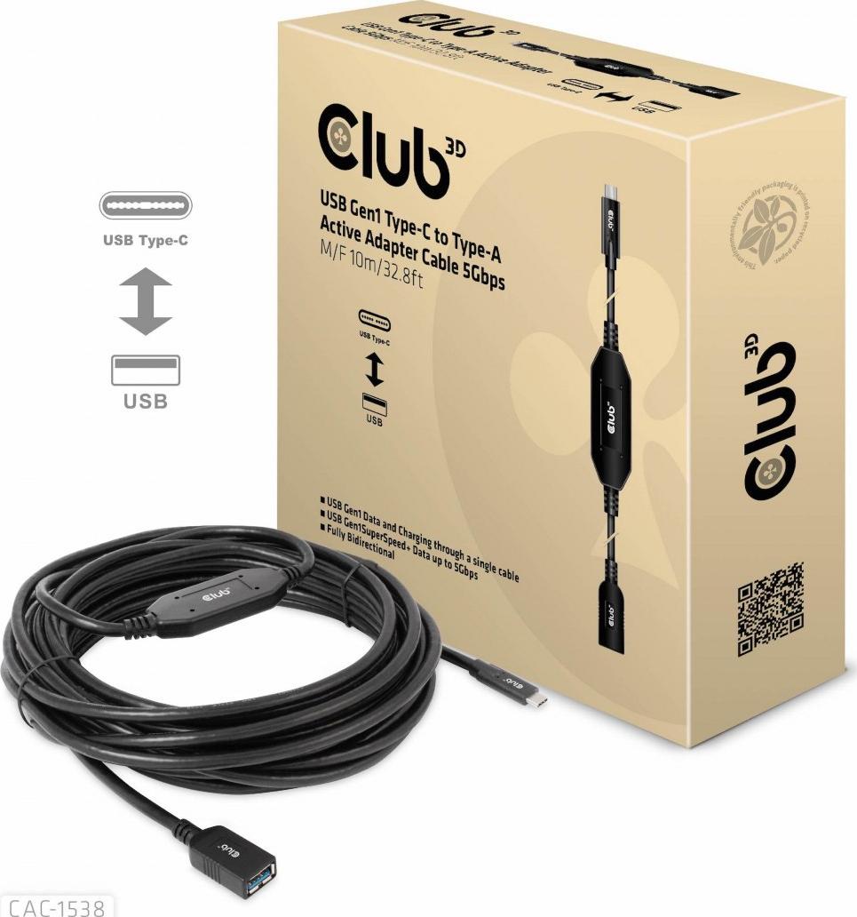 Kabel USB Club 3D USB-A - USB-C 10 m Czarny (CAC-1538)