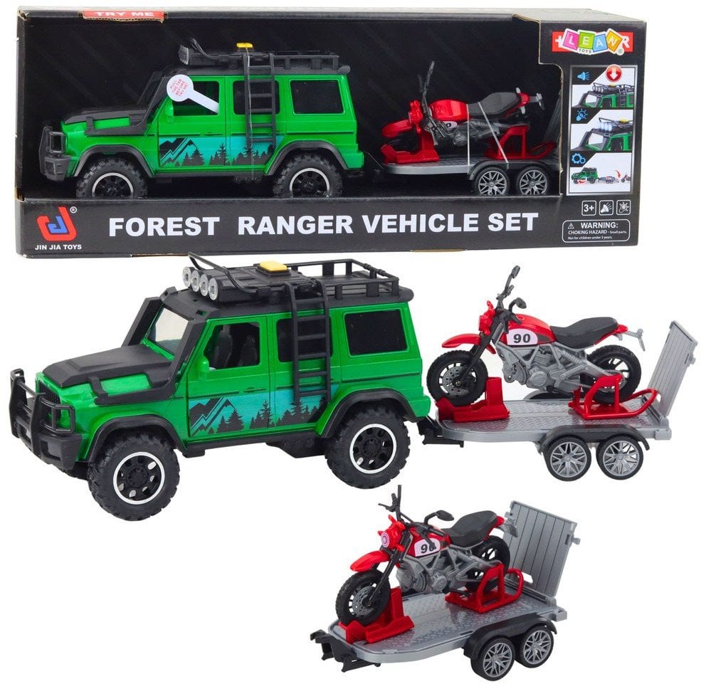 Zestaw Samochód Terenowy Z Lawetą i Motocyklem Światła Dźwięki Zielony