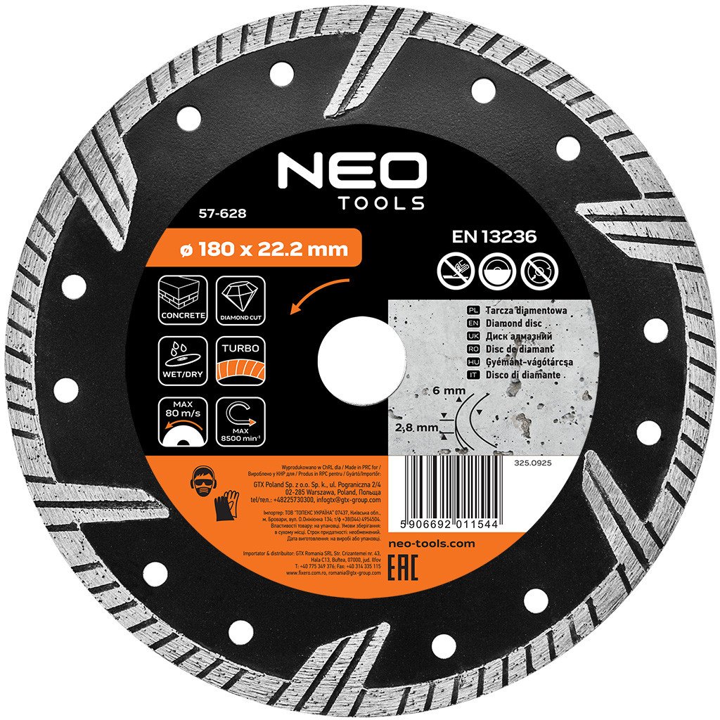 Tarcza diamentowa 180 x 22.2 mm, turbo