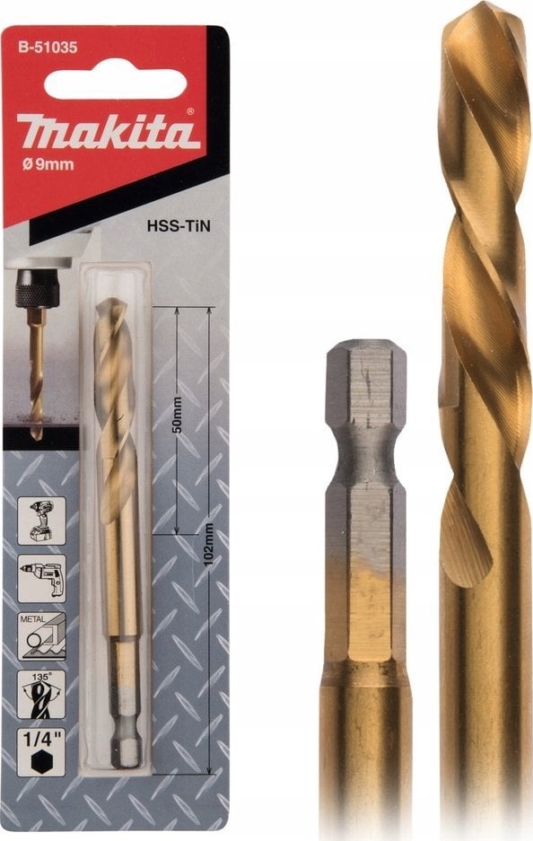 Wiertło Makita MAKITA WIERTŁO DO METALU HSS-TIN 1/4" HEX 9,0x102mm