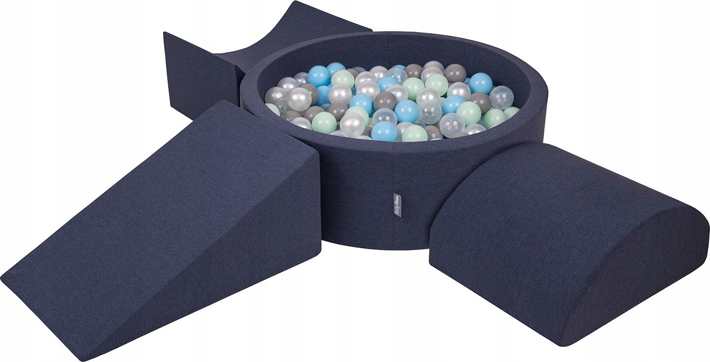 KiddyMoon Piankowy plac zabaw PPZP-OK30D-114 z piłeczkami granatowy: perła-szary-transparent-babyblue-mięta basen 300/klin L/rampa L/półwałek L Zabawk