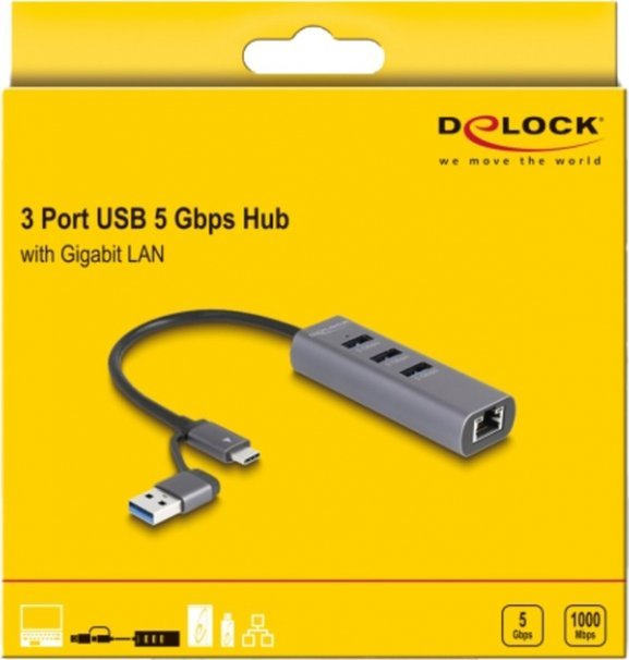 DeLOCK 3 Port USB 5 Gbps Hub + Gigabit LAN with USB Type-C, Docking Station (grey)