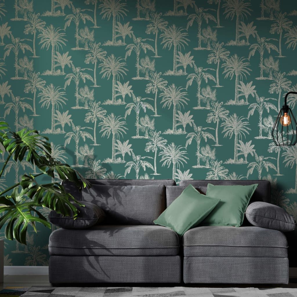 DUTCH WALLCOVERIN DUTCH WALLCOVERINGS Tapeta we wzór drzew tropikalnych, morsko-srebrna
